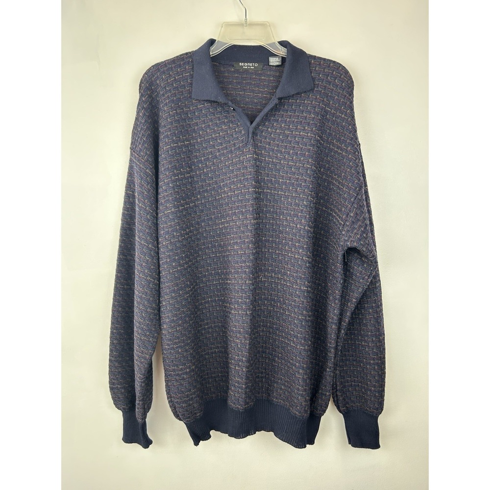 Segreto Sweater Mens XL Blue 100% Merino Wool Navy Collared Italy Jumper